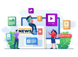 People characters browse online mass media feed, People read news articles, Online newspaper, News web page, Internet newsletter mobile application vector