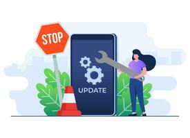 System maintenance, Error, Fixing trouble, Device updating, Software system under maintenance vector illustration, Software upgrade process on smartphone, System update, People update operation system