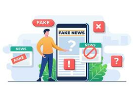 Spreading fake news concept flat illustration vector template, Man character analyzing false information on online news, Press, Junk news content, Disinformation in newspaper