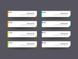 El diseño moderno de negocios de infografía con 8 conceptos, partes, pasos o procesos de opciones se puede utilizar para el diseño de flujo de trabajo, diagrama, opciones de números, diseño web. elemento infográfico. vector