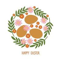 Easter nest with eggs plants and flowers hand drawn festive pattern vector flat illustration. Easter border frame for print, paper, card, flyer, template. Holidays and religion, paschal design element