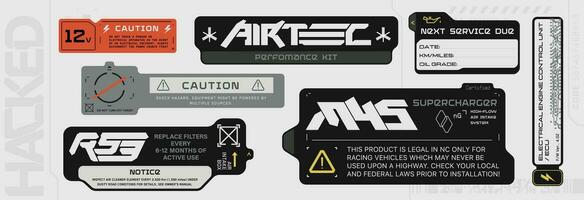 Cyberpunk decals set. Set of vector stickers and labels in futuristic style. Inscriptions and symbols, Japanese hieroglyphs for Corporate use only