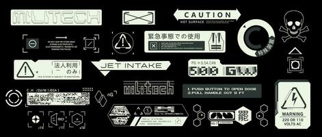 Cyberpunk decals set. Set of vector stickers and labels in futuristic style. Inscriptions and symbols. Japanese hieroglyphs for Use in emergency situations, Corporate use only, Special equipment