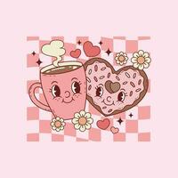 cute retro illustration of coffee cup with heart shaped donut for coffee lovers vector