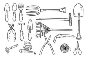 Gardening tools doodle style illustration. Garden hobby equipment isolated vector object set.Different doodle elements set for garden work