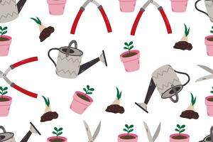 Seamless pattern on the theme of gardening. Background. Texture. Rest and gardening. Garden tools and equipment. Harvest. For printing wrapping paper, wallpaper, packaging, fabric. vector