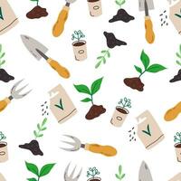 Seamless pattern on the theme of gardening. Background. Texture. Rest and gardening. Garden tools and equipment. Harvest. For printing wrapping paper, wallpaper, packaging, fabric. vector