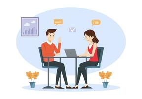 Job interview vector flat modern illustration of a man talking to a young woman with laptop. Isolated on background