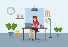 A woman working using laptop at her house vector illustration. Online study, education.