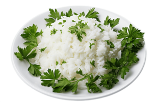 ai gerado fervido branco arroz e salsinha com transparente fundo. ai png