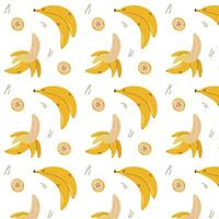 Cute pattern with yellow bananas on a white background, Peeled banana and a bunch of bananas, Tropical fruit vector