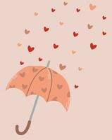 romántico tarjeta con corazones, lluvia de corazones con paraguas, amor modelo para antecedentes vector