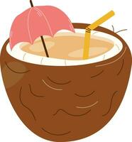 Vector coconut with straw and umbrella in flat design, Exotic coconut cocktail isolated on white background