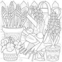 Planting flowers in the garden. Flowers in the garden and snails. vector