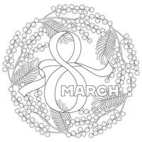 Womens Day March 8. flowers mimosa, card symbol. Black and white illustration vector