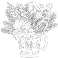 Christmas bouquet in a tea mug. fir branches, poinsettia, pine cones, berries and leaves. vector