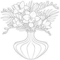 Vase of freesia flowers. Black and white. Art therapy Coloring book. vector