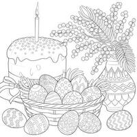 Easter basket with eggs, flowers and Easter cake. vector