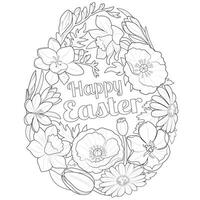 Happy Easter, flowers egg coloring page, greeting card. vector