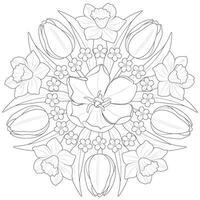 Spring flower mandala in black and white. Round pattern for coloring vector