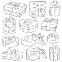 diferente regalo cajas con cinta arco. conjunto de regalos fiesta íconos minimalismo diseño vector