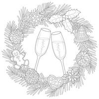 Christmas wreath with Champagne glasses. Black and white. vector