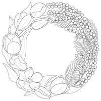 Spring wreath with flowers. Hand drawn floral frame with flowers, branch and leaves. vector