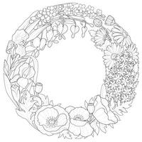 Spring wreath with flowers. Hand drawn floral frame with flowers, branch and leaves. vector