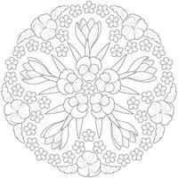 Spring flower mandala in black and white. Round pattern for coloring vector