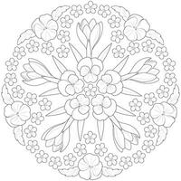 Spring flower mandala in black and white. Round pattern for coloring vector