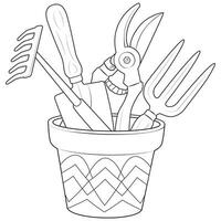 Gardening tools in a pot outline icons. Black and white Coloring page vector