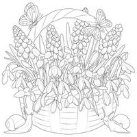 Basket with spring flowers. Snowdrops, muscari. Butterflies and snails. vector