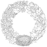 Spring wreath with flowers and nesting birds. Hand drawn floral frame. vector