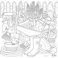 Spring garden with gnome and bird outline icons. Black and white vector