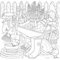 Spring garden with gnome and bird outline icons. Black and white vector