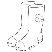 Illustration with rubber boots. Line drawing, vector graphics. Black and white picture for coloring.