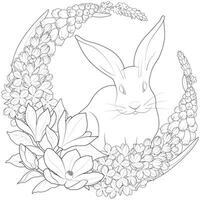 Easter rabbit with spring flowers and leaves wreath. Cute bunny. vector