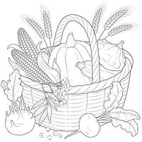 Autumn Harvest Basket black and white vector illustration