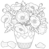 Poppy flowers in a vase. Art therapy Coloring page for kids and adults. vector