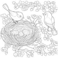 Family birds in a nest, the parents feed their nestling. vector