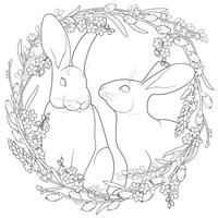 Easter rabbits with spring flowers and leaves wreath. Cute bunny. vector