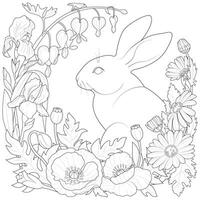 Easter rabbit with spring flowers and leaves wreath. Cute bunny. vector