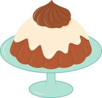 Chocolate pudding with cream in plate. Cartoon sweet food element. vector