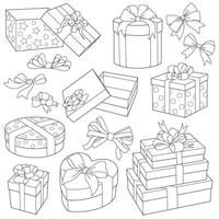 Different gift boxes with ribbon bow. Set of presents Holiday icons minimalism design vector