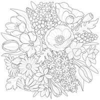 Bouquet of spring flowers in black outline. Bouquet of wildflowers isolated on a white background. vector