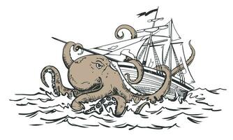 A mythical monster from the dark depths attacks the ship. The octopus wraps its tentacles around the ship and pulls it to the bottom. Vector image of the Kraken.