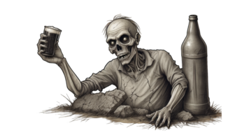 retro cartoon guy with skull head drinking cocktail, zombie rise from the grave, transparent background png