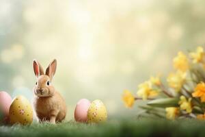 AI generated Easter bunny and eggs and yellow flowers on sunny background, copy space. AI generated. photo