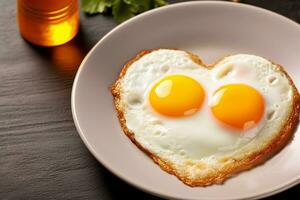 AI generated Fried eggs in the shape of heart on the plate on wooden table. Valentine's Day celebration. AI generated. photo