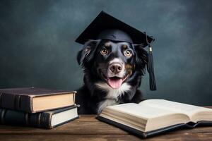 ai generado negro perro en graduado sombrero leyendo un libro en oscuro antecedentes. ai generado. foto